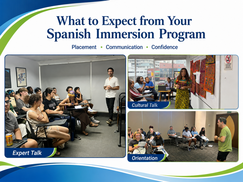 International students at EPA! Español en Panamá participating in expert talks, cultural sessions, and orientation as part of a Spanish immersion program in Panama.